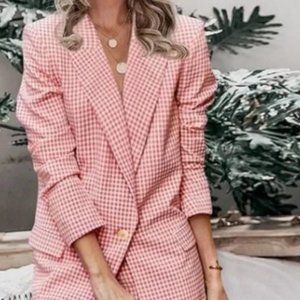 ZARA Pink Gingham Blazer Jacket and Pants Set | Size M